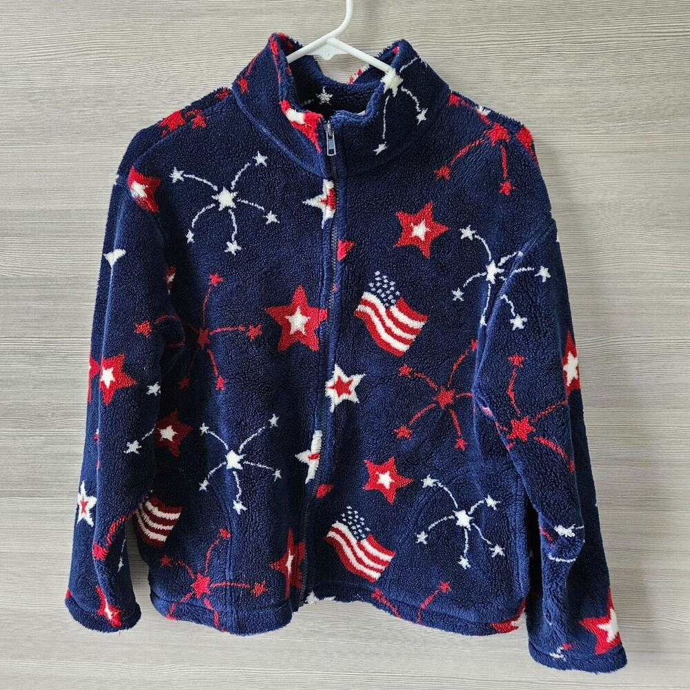 Patriotic Star Flag Print Mandal Bay Sherpa Zip Jacket Sz M Vintage Made In USA